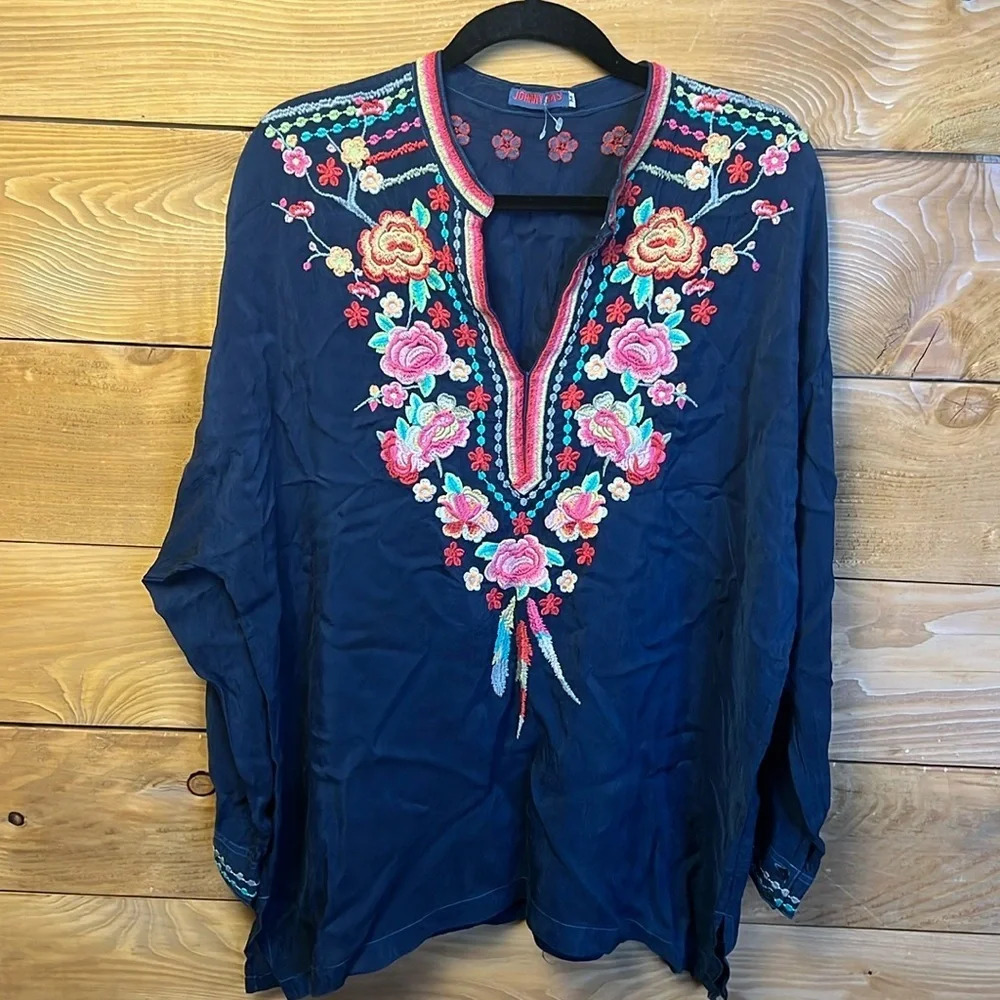 Johnny Was Womens Sz Med Heavily Embroidered Silky Navy Tunic Top Kimono Sleeve‎